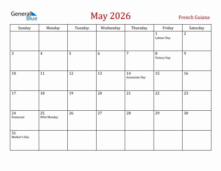 French Guiana May 2026 Calendar - Sunday Start