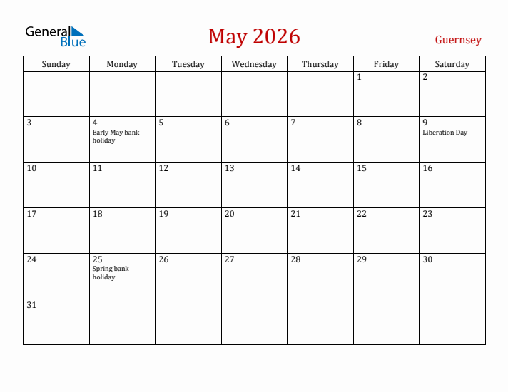 Guernsey May 2026 Calendar - Sunday Start