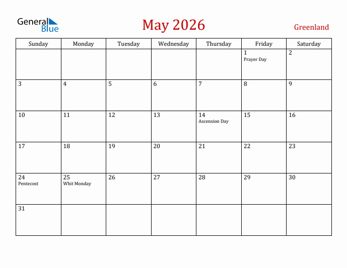 Greenland May 2026 Calendar - Sunday Start