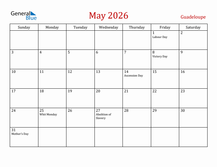 Guadeloupe May 2026 Calendar - Sunday Start