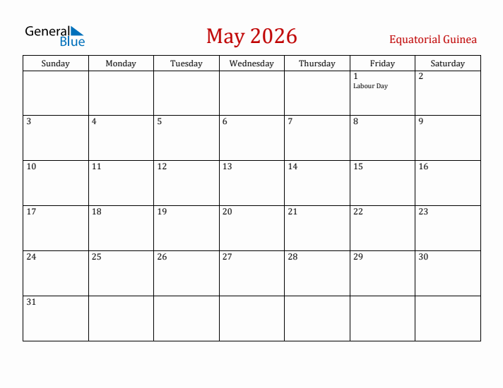 Equatorial Guinea May 2026 Calendar - Sunday Start