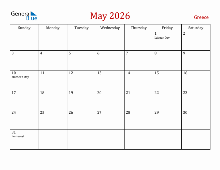 Greece May 2026 Calendar - Sunday Start