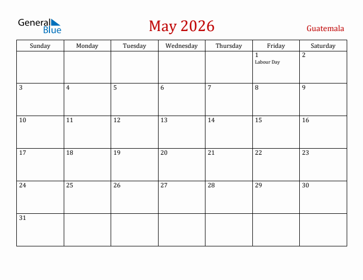 Guatemala May 2026 Calendar - Sunday Start
