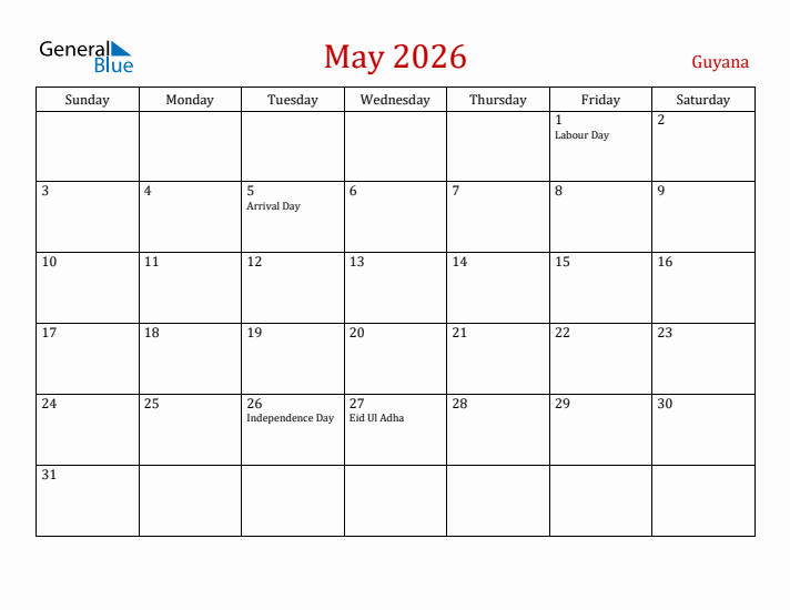 Guyana May 2026 Calendar - Sunday Start