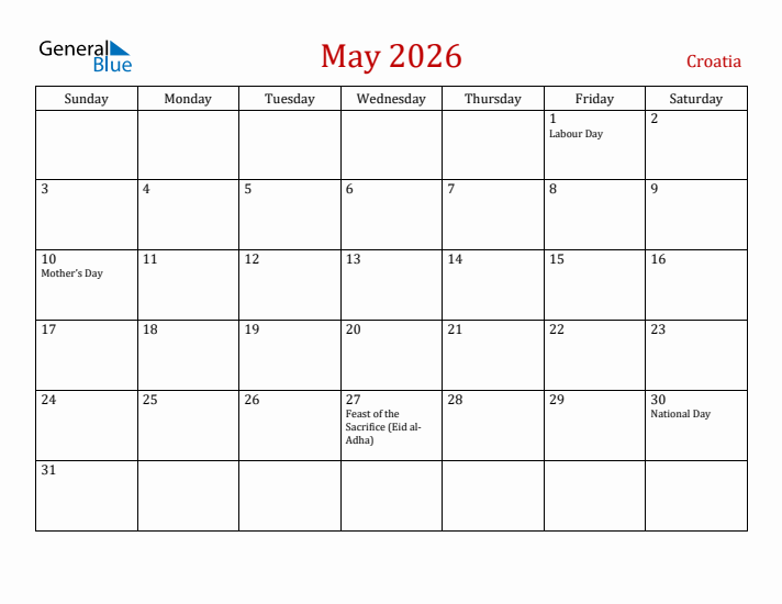 Croatia May 2026 Calendar - Sunday Start