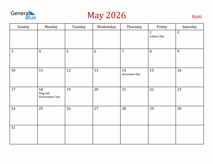 Haiti May 2026 Calendar - Sunday Start