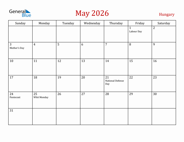 Hungary May 2026 Calendar - Sunday Start