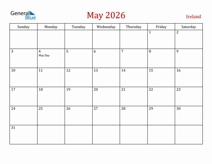Ireland May 2026 Calendar - Sunday Start