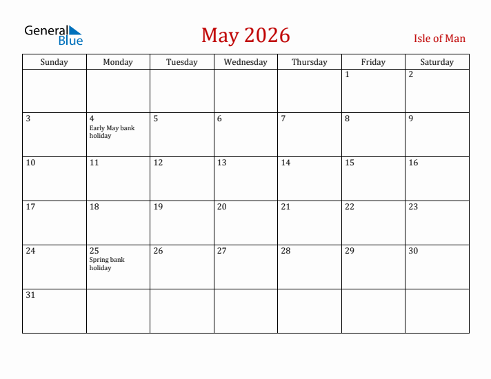 Isle of Man May 2026 Calendar - Sunday Start