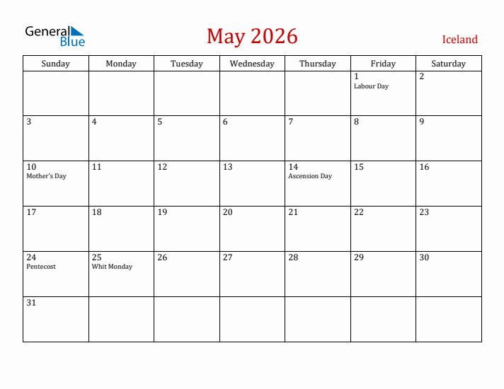 Iceland May 2026 Calendar - Sunday Start