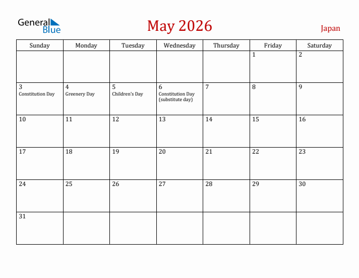 Japan May 2026 Calendar - Sunday Start