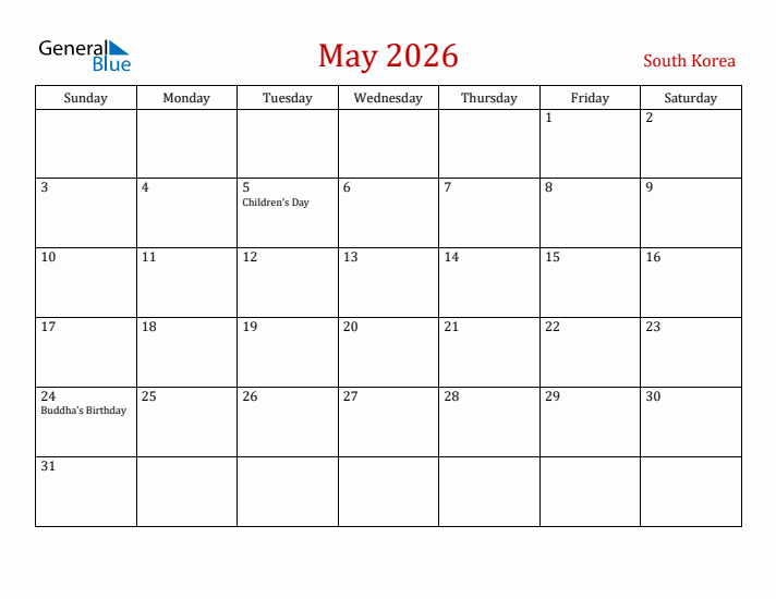 South Korea May 2026 Calendar - Sunday Start