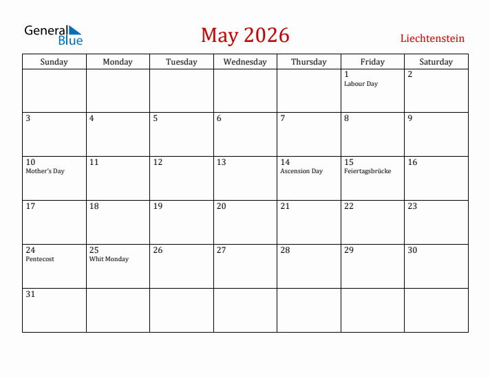 Liechtenstein May 2026 Calendar - Sunday Start