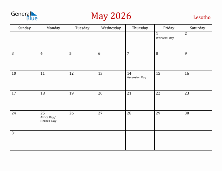 Lesotho May 2026 Calendar - Sunday Start