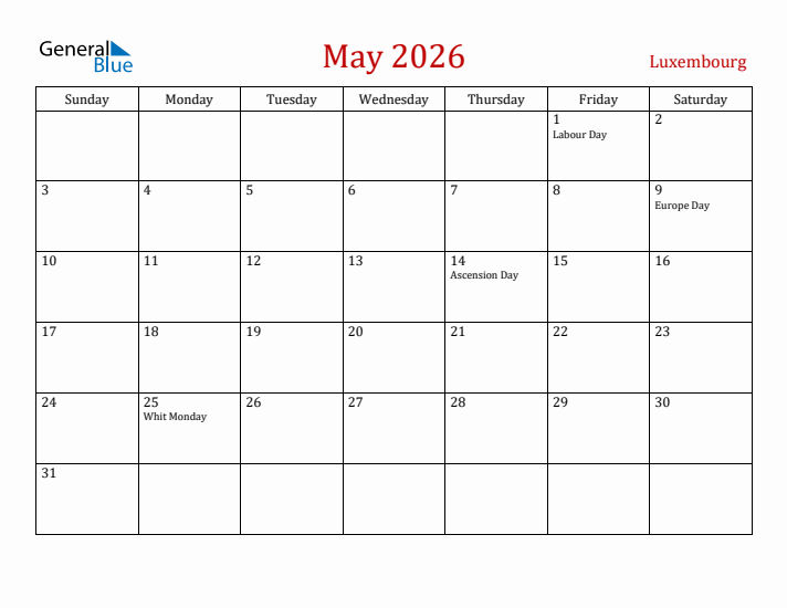 Luxembourg May 2026 Calendar - Sunday Start