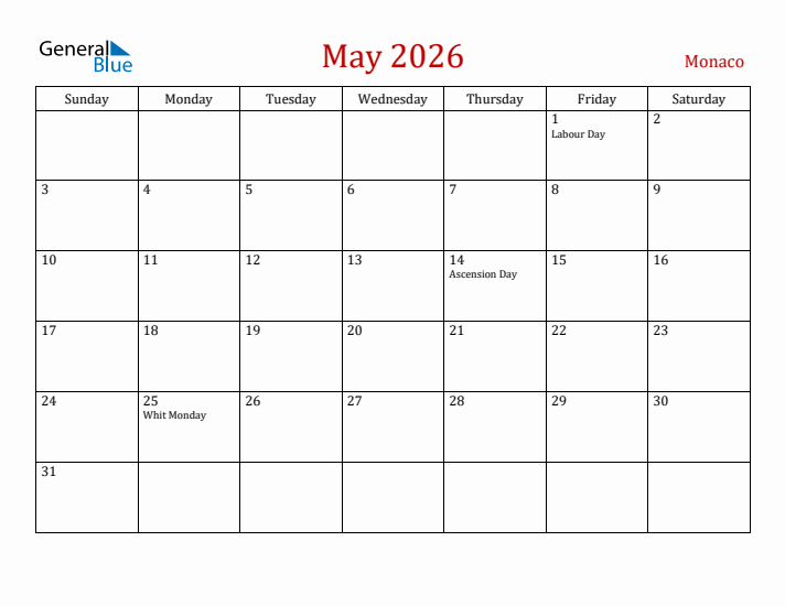 Monaco May 2026 Calendar - Sunday Start