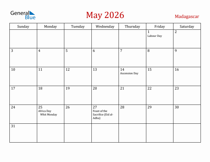 Madagascar May 2026 Calendar - Sunday Start