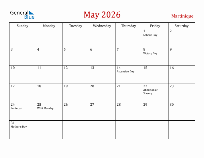 Martinique May 2026 Calendar - Sunday Start