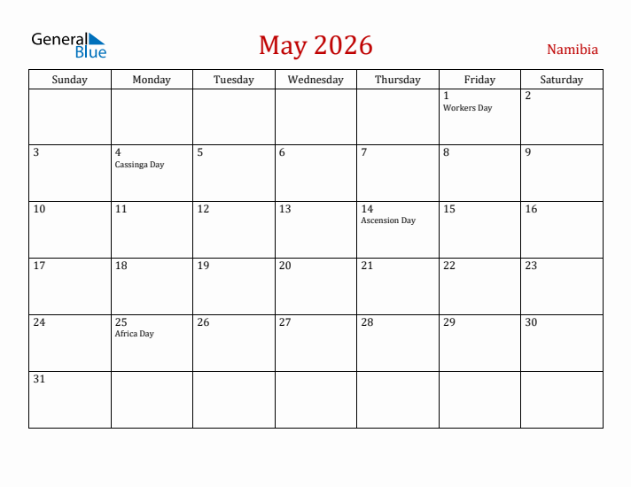 Namibia May 2026 Calendar - Sunday Start