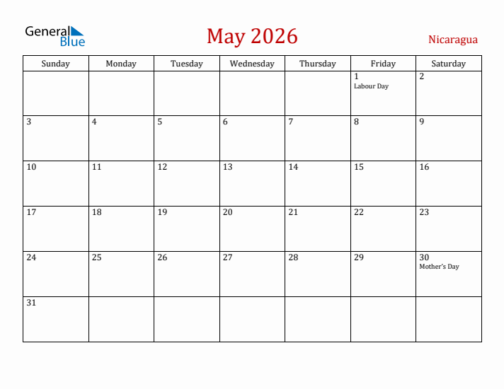 Nicaragua May 2026 Calendar - Sunday Start