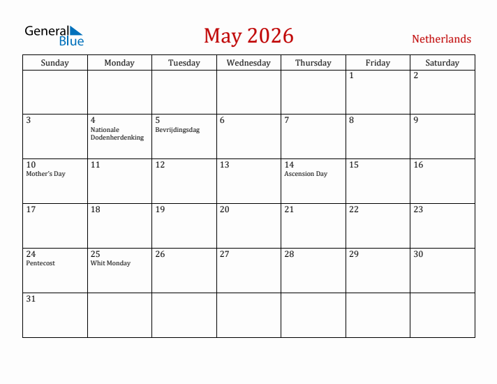 The Netherlands May 2026 Calendar - Sunday Start