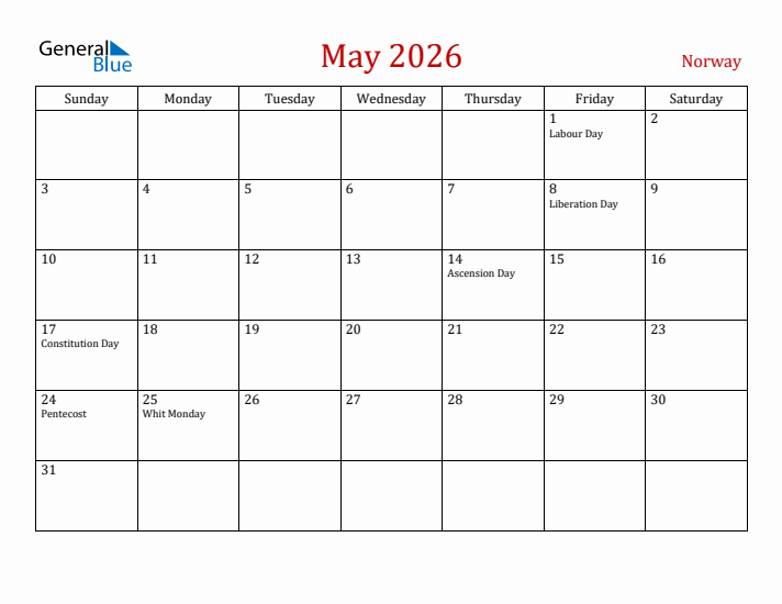 Norway May 2026 Calendar - Sunday Start