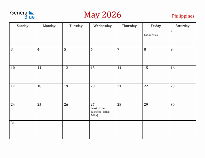 Philippines May 2026 Calendar - Sunday Start
