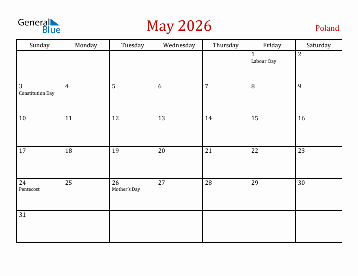 Poland May 2026 Calendar - Sunday Start