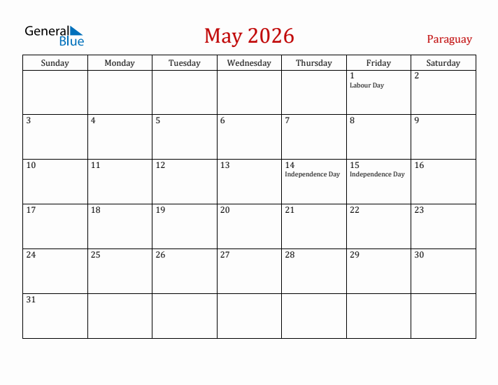 Paraguay May 2026 Calendar - Sunday Start