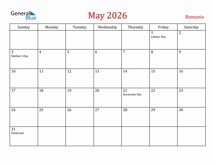 Romania May 2026 Calendar - Sunday Start
