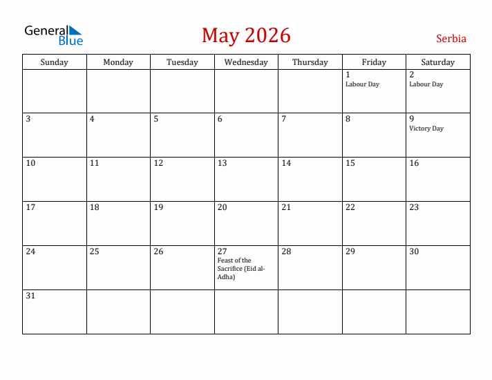 Serbia May 2026 Calendar - Sunday Start