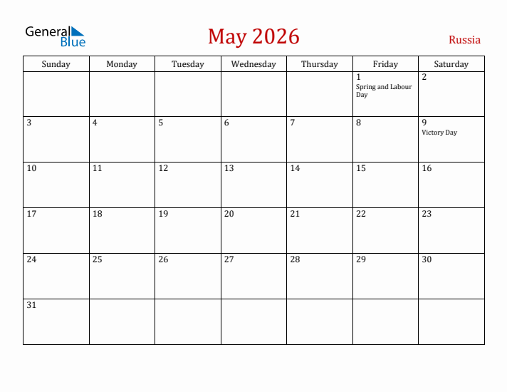 Russia May 2026 Calendar - Sunday Start