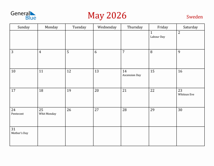 Sweden May 2026 Calendar - Sunday Start