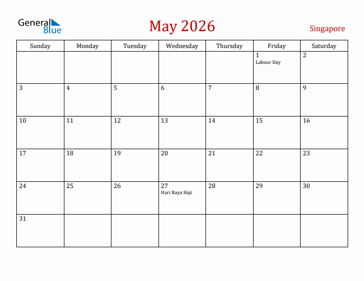 Singapore May 2026 Calendar - Sunday Start