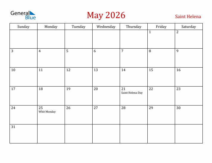 Saint Helena May 2026 Calendar - Sunday Start
