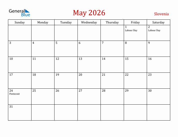 Slovenia May 2026 Calendar - Sunday Start