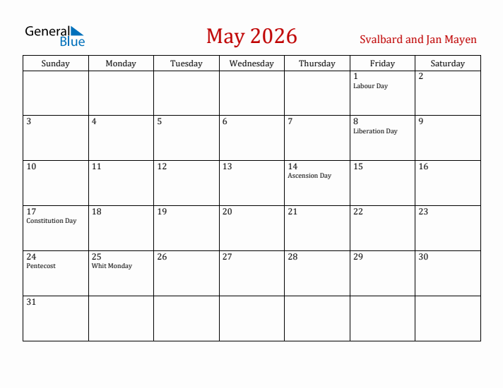 Svalbard and Jan Mayen May 2026 Calendar - Sunday Start