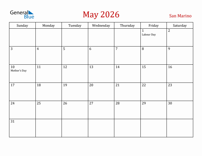 San Marino May 2026 Calendar - Sunday Start