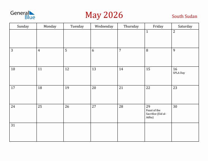 South Sudan May 2026 Calendar - Sunday Start
