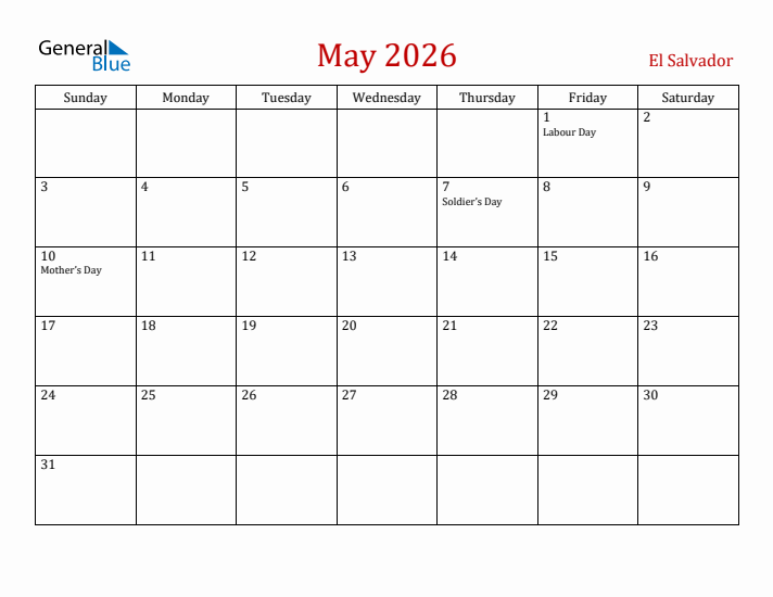 El Salvador May 2026 Calendar - Sunday Start