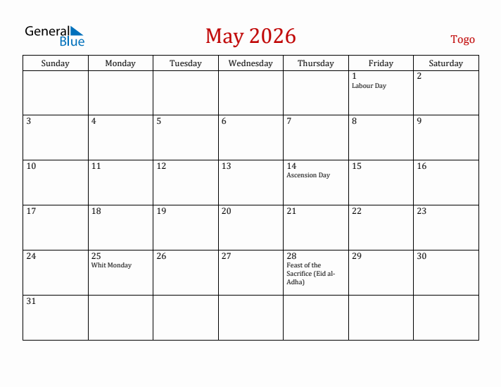 Togo May 2026 Calendar - Sunday Start