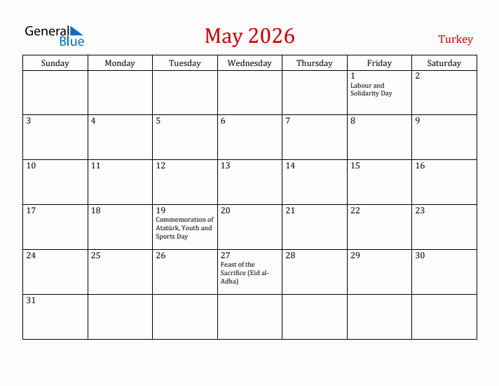 Turkey May 2026 Calendar - Sunday Start