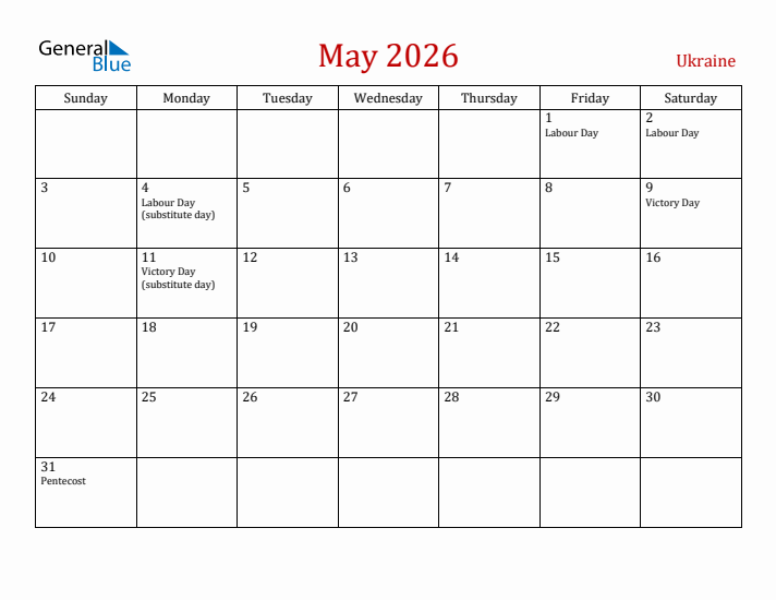 Ukraine May 2026 Calendar - Sunday Start