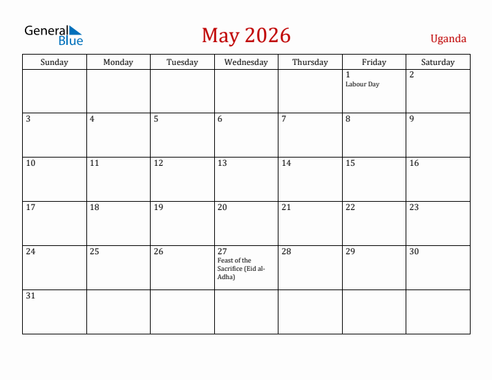 Uganda May 2026 Calendar - Sunday Start