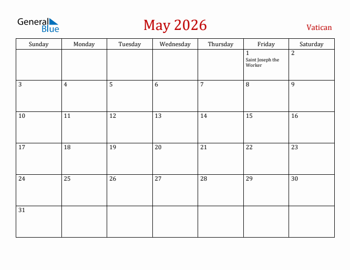 Vatican May 2026 Calendar - Sunday Start