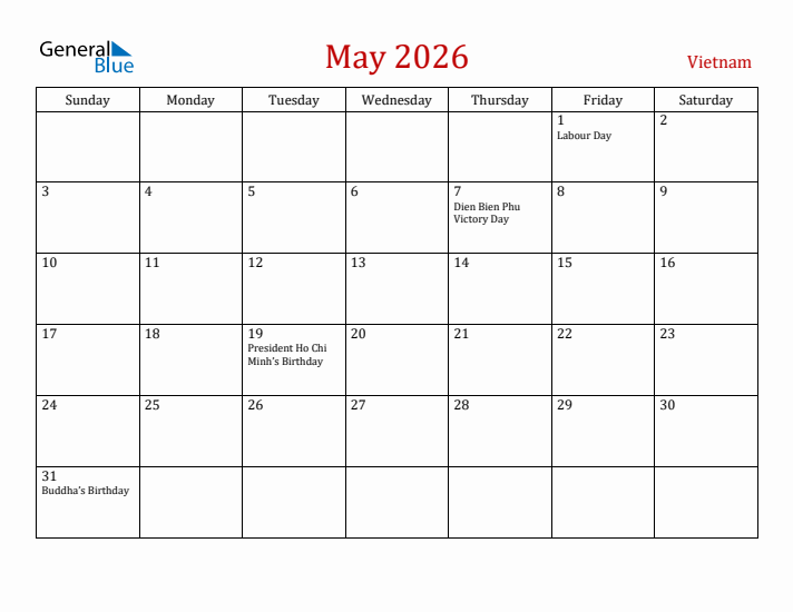 Vietnam May 2026 Calendar - Sunday Start