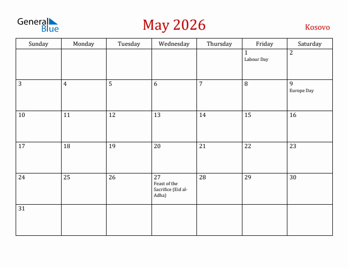 Kosovo May 2026 Calendar - Sunday Start