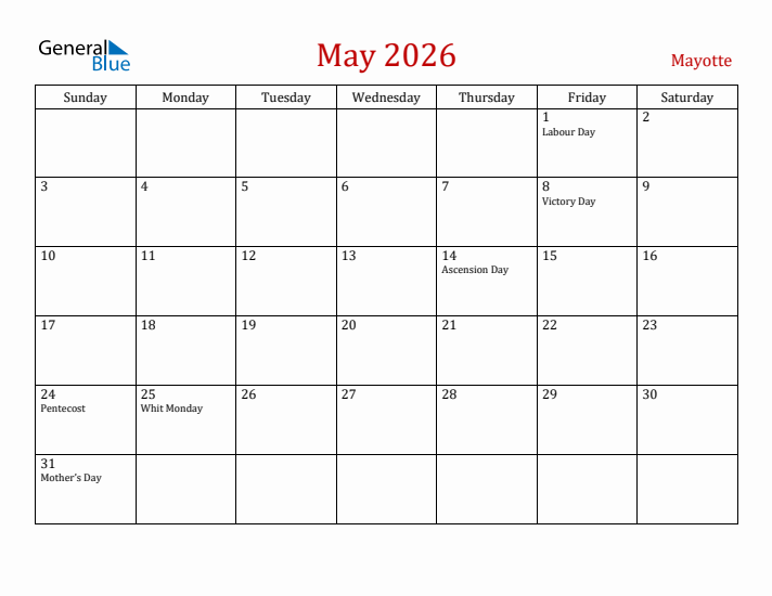 Mayotte May 2026 Calendar - Sunday Start