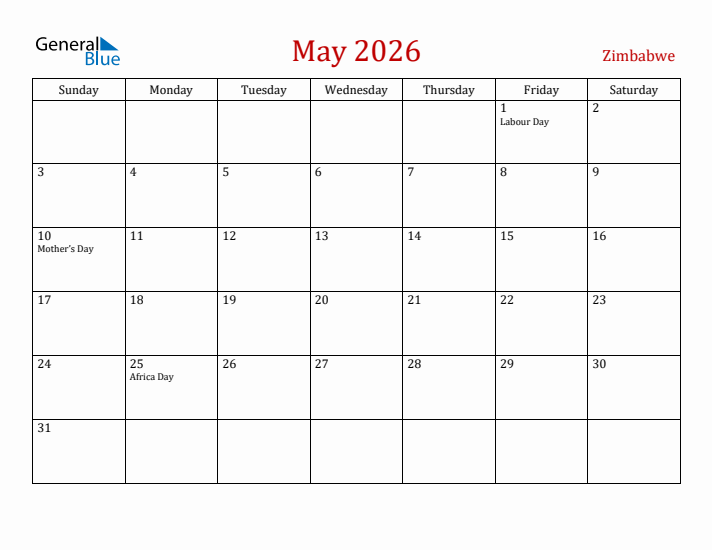 Zimbabwe May 2026 Calendar - Sunday Start