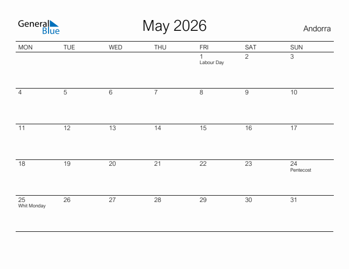 Printable May 2026 Calendar for Andorra